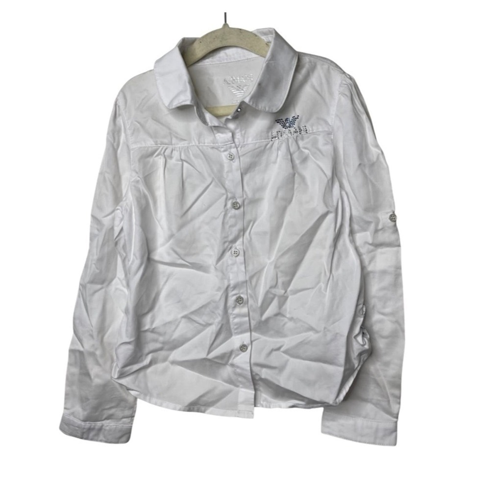 Armani girl white button down shirt with rhinestone logo sz 6